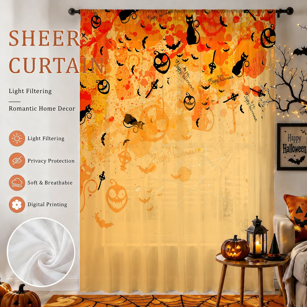 1Pc Spooky Halloween Sheer Cur - Curtain Rods review and price