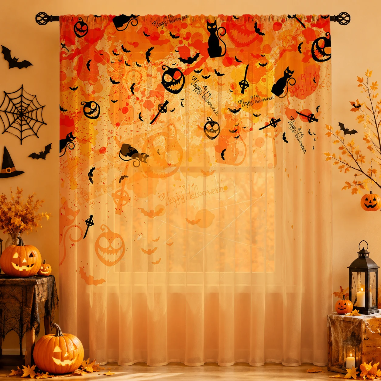 1Pc Spooky Halloween Sheer Cur - Curtain Rods review and price