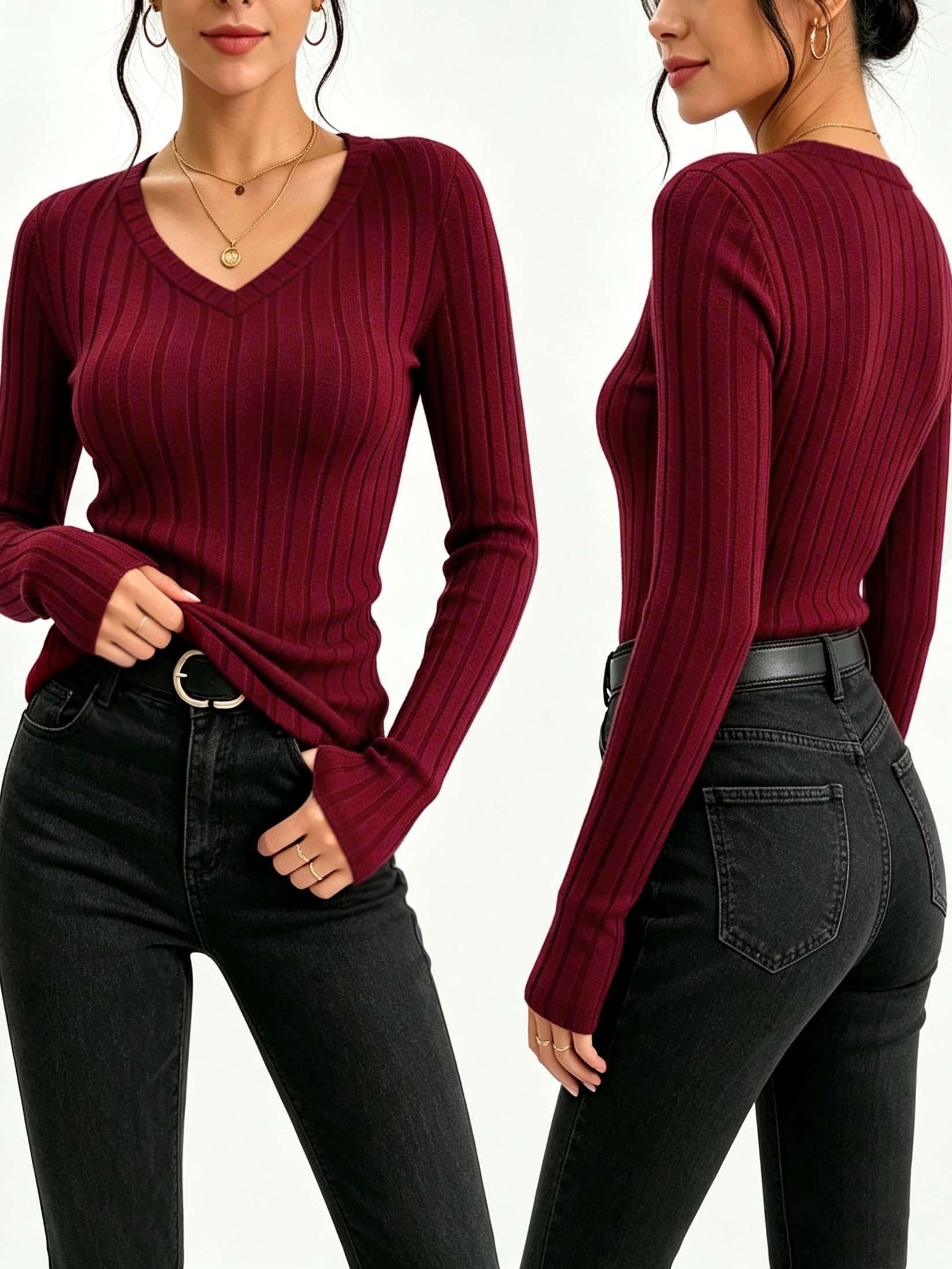 Women Solid V‑Neck Ribbed Knit - Wallpaper review and price
