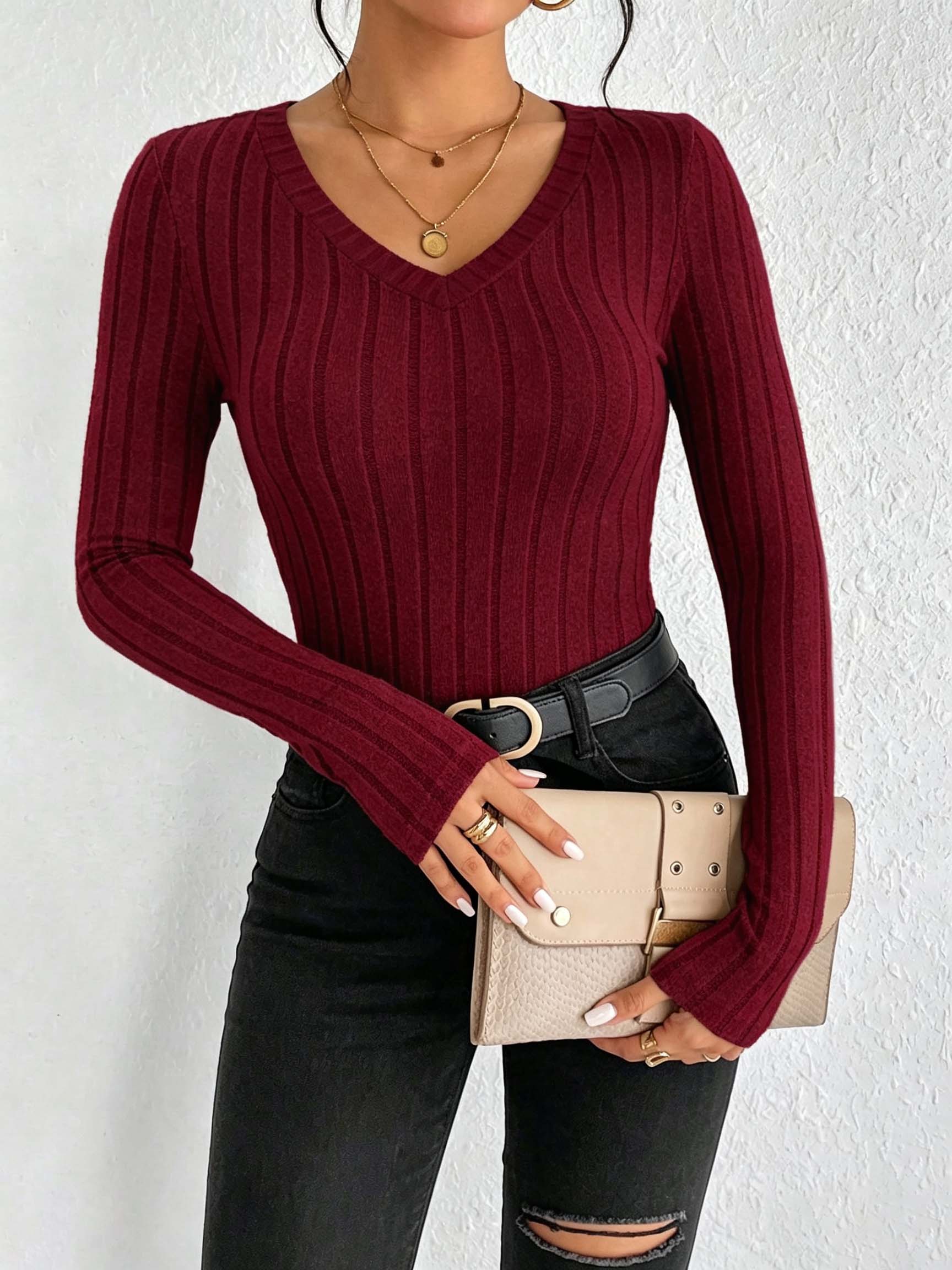 Women Solid V‑Neck Ribbed Knit - Wallpaper review and price